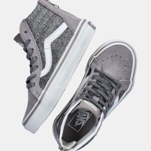 NWT: VANS; SK8-HI ZIP, GUNMETAL GREY/GLITTER, UNISEX, SHOE SZ:6T.